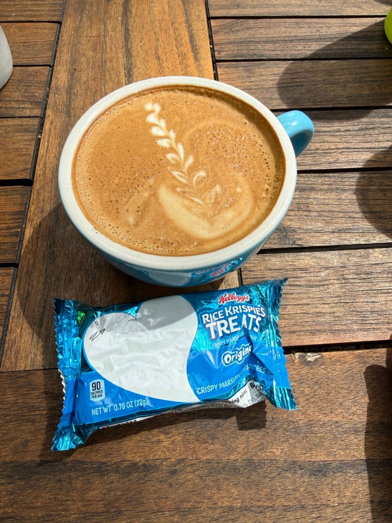 Latte and a Rice Krispies treat at the coffee stop